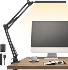 LED Desk Lamp Clamp-On Clip On Light 5 Modes Black USB Power Home Office