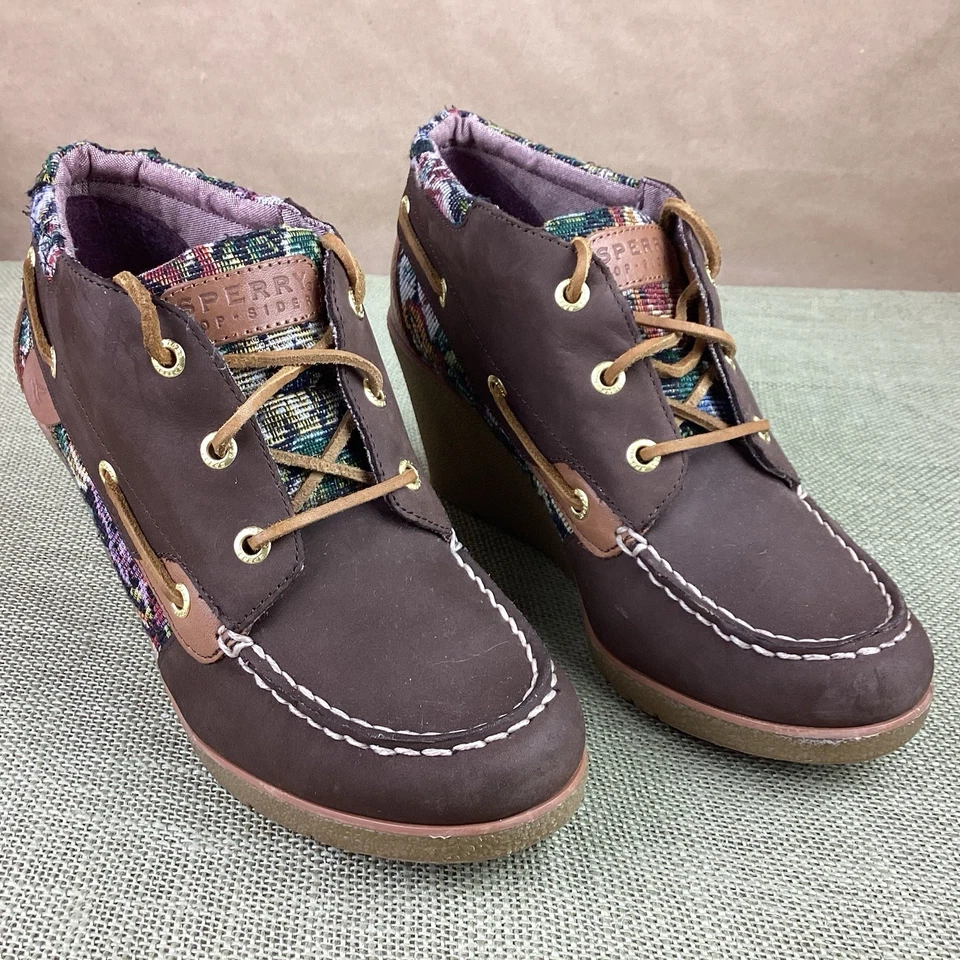 SPERRY Marrón Gamuza Cuero Con cordones Puntada Botín Tacón de Cuña Zapatos Floral Acct 9M Foto 2 de 4