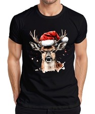 Reindeer Santa Hat Watercolour Christmas Gift Funny Vintage Mens T-Shirt