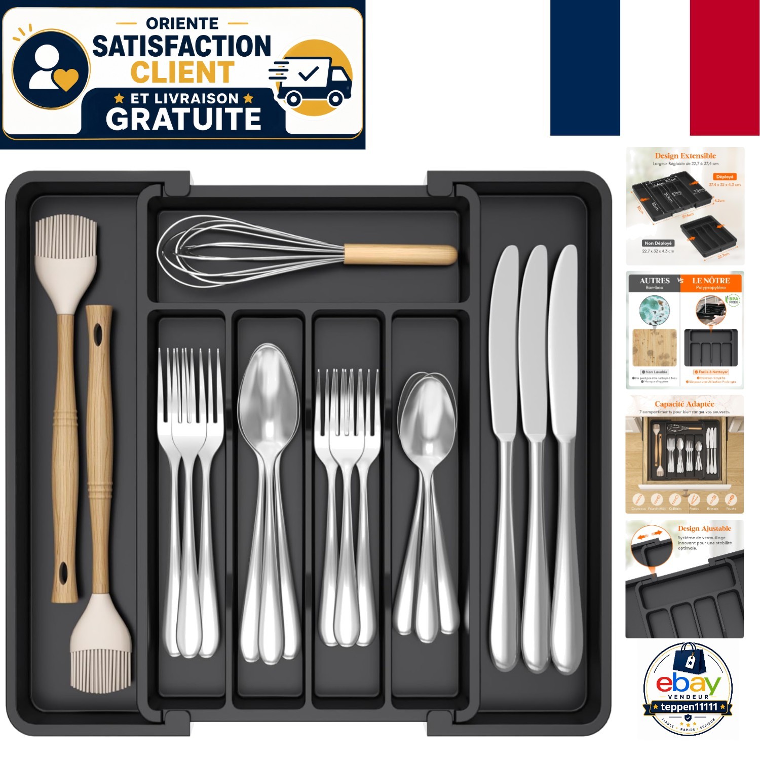 Boîte à couverts plastique noir lavable pour en finir avec le désordre des grands tiroirs