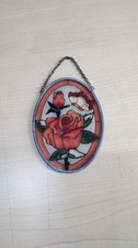 Vintage Stained glass window hanging, suncatcher featuring a rose and butterfly