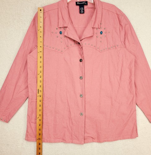 Denim & Co Shirt Womens L Western Long Sleeve Button Up Embellished Casual Linen - Picture 8 of 17