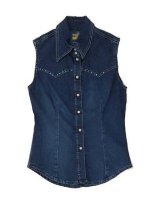 VINTAGE Damen ärmelloses Jeanshemd UK 14 Large blau Baumwolle ZN09