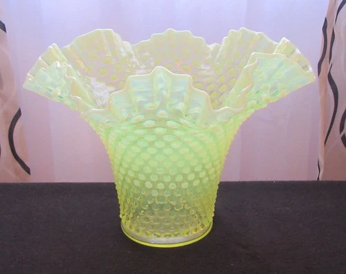 Fenton Topaz (Vaseline) Opalescent Hobnail 7 1/2"  Vase, c. 1941-43