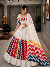 White Heavy Muslin Cotton Lehenga Choli Digital Print Festival Wear Set