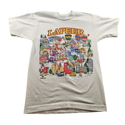 Vintage Lapeer Michigan Shirt Mens Medium White Cartoon Map Graphic USA 90s