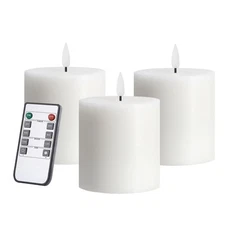 White Flameless Candles Set of 3 3x3 inch Real Wax Flickering LED Candles Bat...