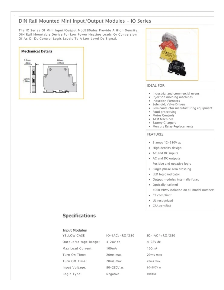 MINI I/O MODULE, INPUT 90-280 VAC, VCC 4-28 VDC, 100 mA MAX, I.O.IAC-RO-280, NEW - Image 4 of 4