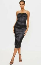 PRETTY LITTLE THING Black Satin Underwire Binding Bodycon Strapless Midi Dress 4