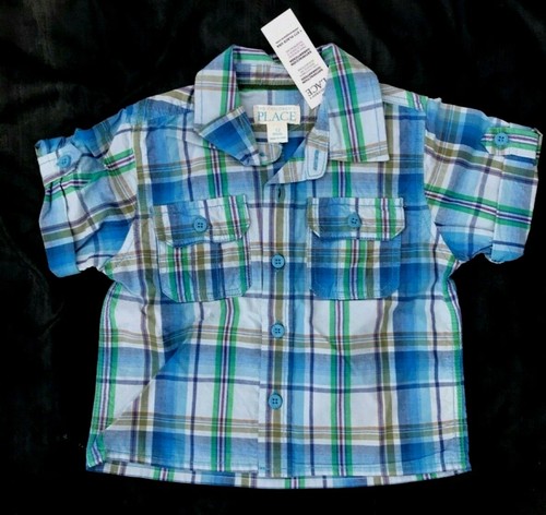 NWT Children's Place BOYS TODDLER BABY Blue PLAID BUTTON CASUAL SHIRT Polo Kid C - Picture 2 of 7