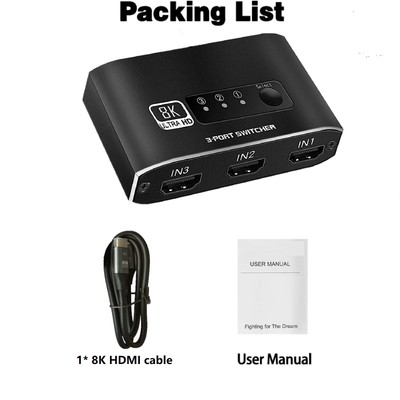 8K 60Hz HDMI 2.1 Switch 3x1 3 in 1 out HDMI Switcher 3 Port HDMI Selector Box