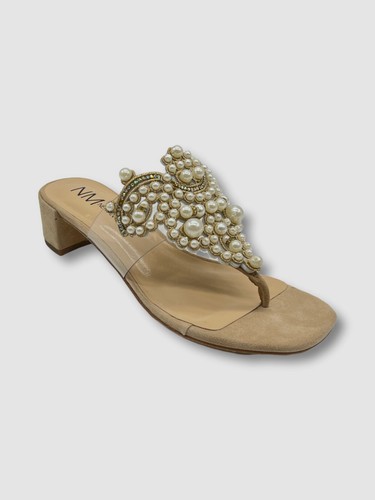 $230 Neiman Marcus Women's Beige Vindee Suede Heel Thong Sandals Size US 7 M
