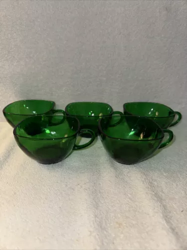 Set Of 5 Vintage Anchor Hocking Square Charm Forest/Emerald Green Tea Coffee Cup