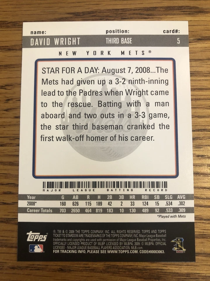 David Wright 2009 Topps Ticket To Stardom Mets #5 *A774* - Image 2 of 2