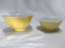 Pair Of Vintage Yellow Porcelain Lotus Bowls - 2" & 1.5" Textured Sides