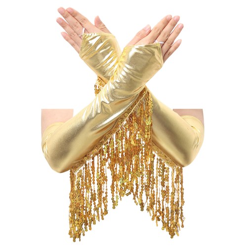 Women's Sequin Shiny Cross Front Latin Jazz Leotard with Tassels Metallic Gloves - Picture 17 of 57