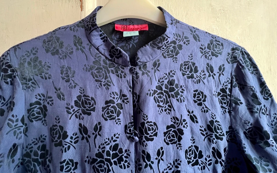 Top túnica Monzón 14 púrpura azul mezcla seda floral oriental mangas cortas Foto 3 de 4