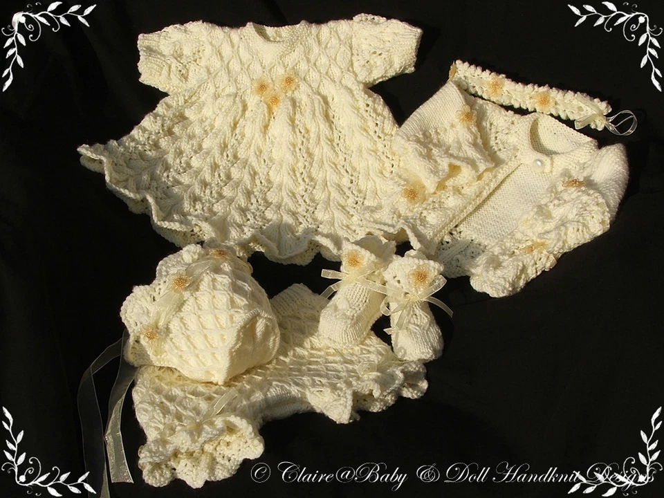 BABYDOLL HANDKNIT DESIGNS KNITTING PATTERN LACY DRESS SET 16-22" DOLL/0-3M