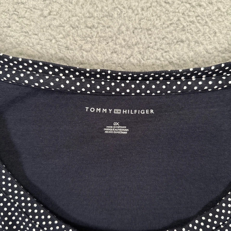 Camisa Tommy Hilfiger para mujer 0X Plus azul blanco lunares cuello redondo manga 3/4 Foto 3 de 4