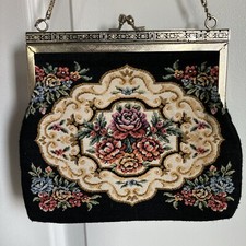 Vintage Tapestry Purse Cottagecore Handbag Petit Point Black Gold Floral Design