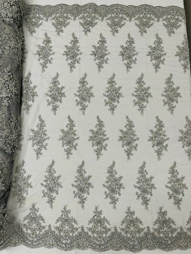 Fancy Border Cluster Fabric - Silver - Embroidered Beaded Flower Design By Yard - Picture 4 of 4