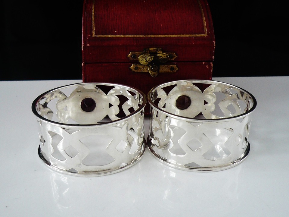Pair Stone Set Sterling Silver Napkin Rings with Case Hallmarked