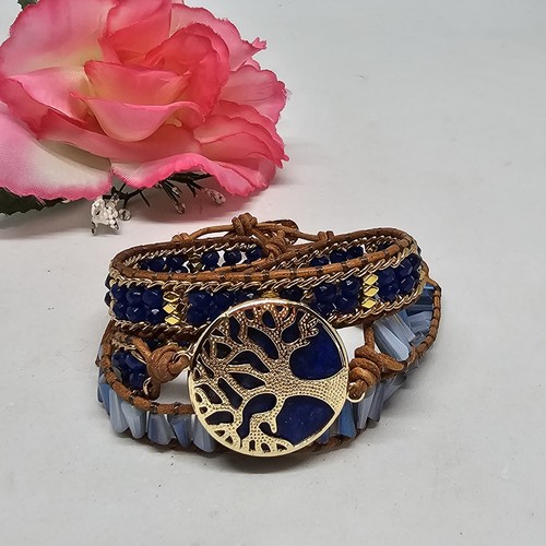 Blue Bracelet Tree of Life Lapis Lazuli Crystal Glass Beaded Beige Leather Wrap - Picture 11 of 18
