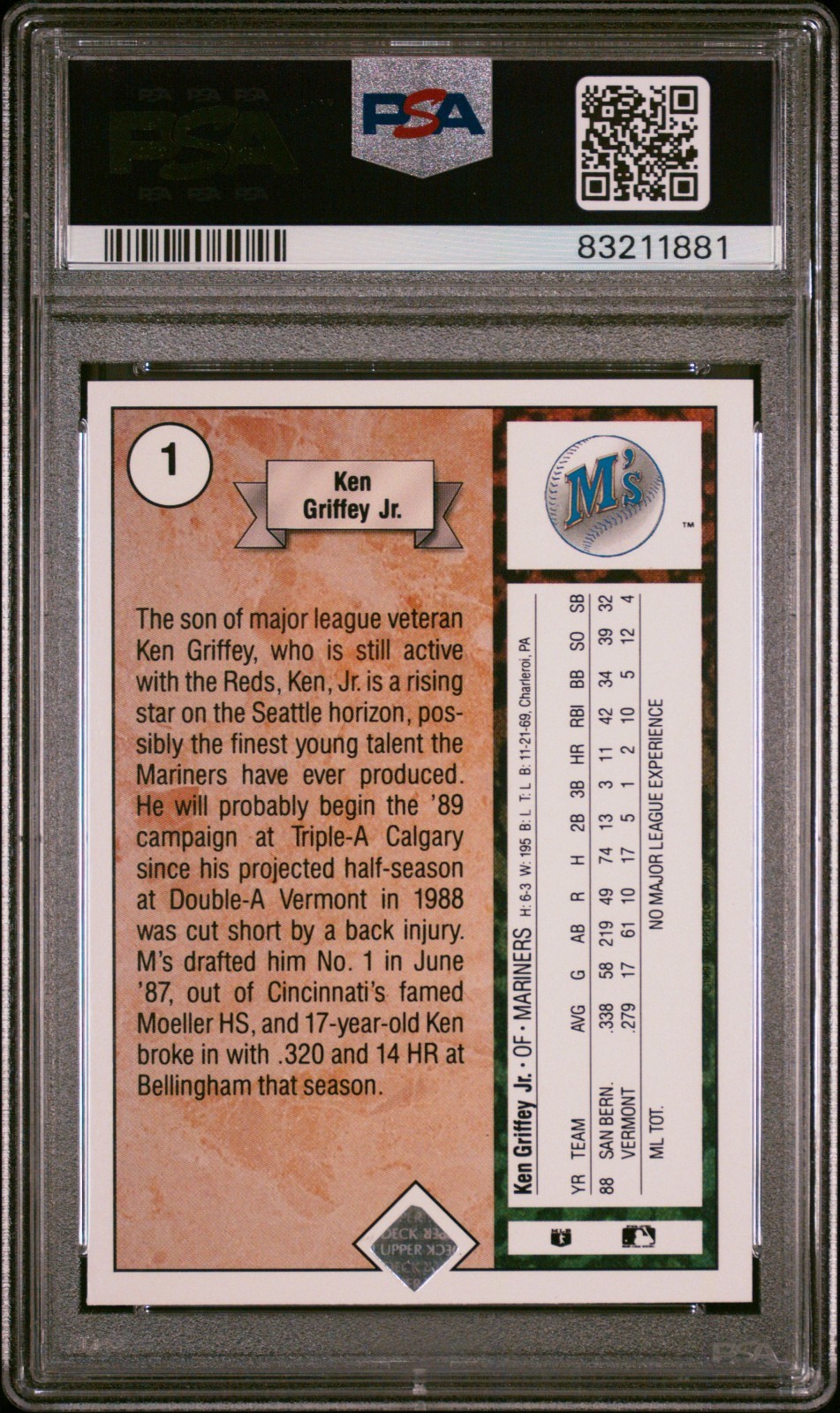 1989 Upper Deck Ken Griffey Jr. #1 Rookie Card Mariners HOF PSA 9 view 2