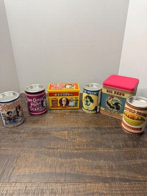 Lot of 6 vintage-style advertising tins Hostess, Van Camp s, Big Red s, Tick-Toc