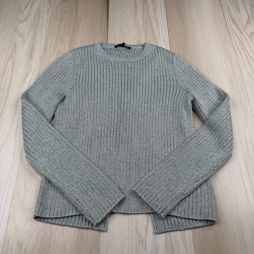 Tibi New York Womens Green Spilt Back Metallic Ribbed Crewneck Sweater Size XS