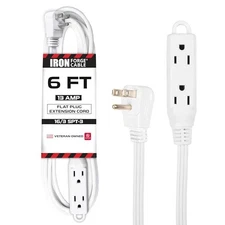 6 Ft Extension Cord with 3 Electrical Power Outlet - 16/3 Durable White Cable