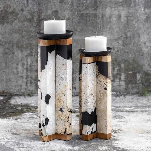 Uttermost Illini Coral Stone Pillar Candle Holders Set of 2 - Picture 1 of 3