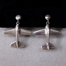 Vintage Sterling Silver Airplane Shaped Dangle Earrings -- 1 1/2" Long