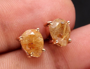 Authentic Natural Golden Rutile Pear Stud Earrings Rose Gold Filled Solid Silver Jewelry