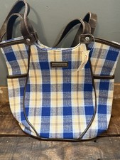 Vintage Longaberger Plaid Fabric Tote Purse w/ Leather Handles Y2K era
