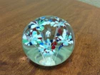 Vtg Fenton Glass Paperweight White-Blue-Red & Green Flowers w/Controlled Bubbles