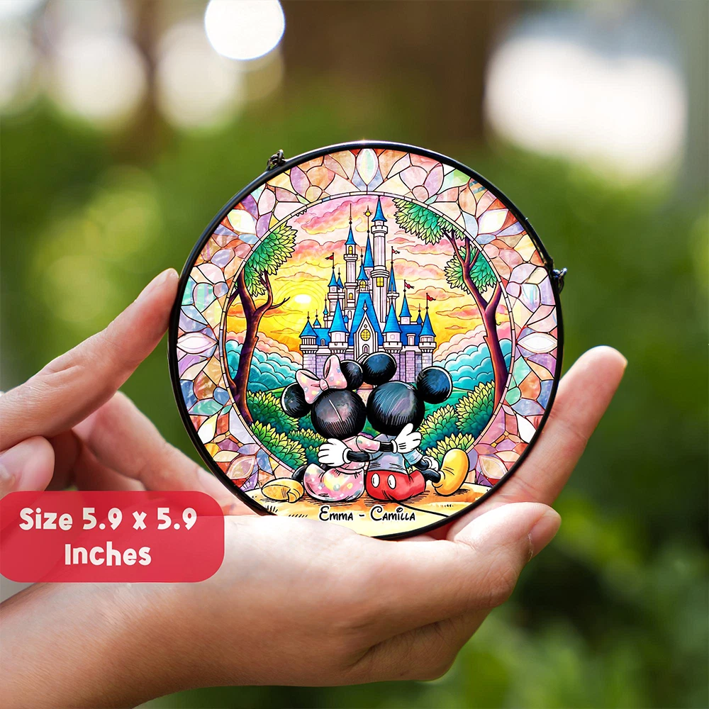 Personalized Mickey Mouse Stained Glass Suncatcher, Custom Couple Name Disney