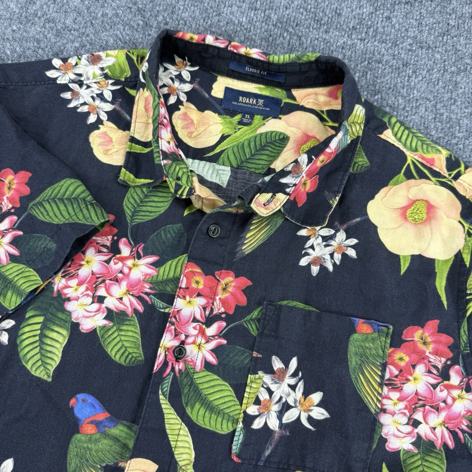 Roark Hawaiian Shirt Men XL Journey Floral Birds Linen Blend Short Sleeve Pocket
