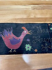 Silk Scarf Hand Painted 3 French Hens Whimsical Multi Colored Unique Hand Rolled