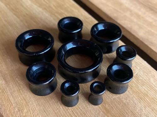 PAIR Black Agate Organic Stone Tunnels Double Flare Plugs Earlets Gauges - Picture 3 of 7