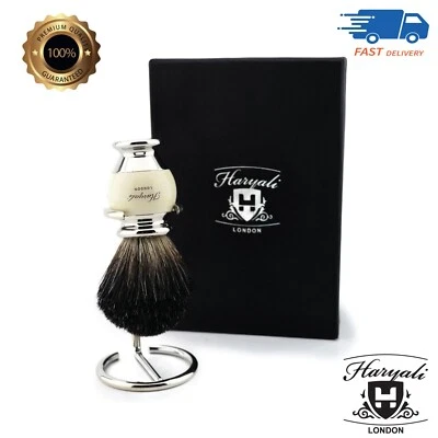 HARYALI LONDON Brand New Pure Badger Hair Shaving Brush and Stainless Steel Shave Stand Holder