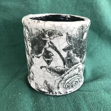 Floral Ceramic Vase Pencil Holder PIMD Rustic Distressed Grey Crackle Finish