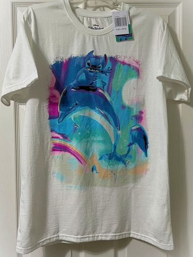 Disney's Lilo And Stitch Surfing Stitch Riding Dolphin T-Shirt White Size Large