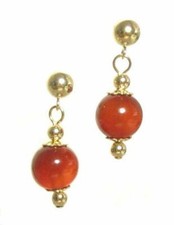 8MM GENUINE RED JADE 14K YELLOW GOLD 5MM BALL POST EARRINGS