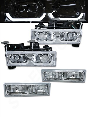 Chrome Headlights w/ U Bar + Park Signal Lights for 1988-1999 GM C/K Full Size 