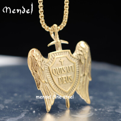 MENDEL Gold Plated Mens Cross Archangel Michael Angel Wings Pendant Necklace Men