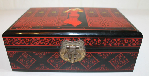 Elegant Asian Gloss Black & Red Lacquered Jewellery Ring Box Velvet Inner Shelf - Picture 4 of 17