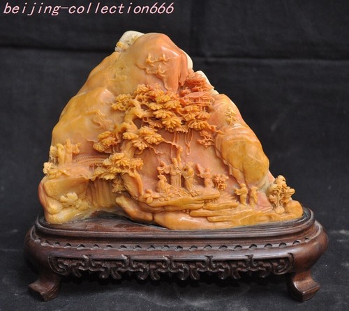 7" Old Chinese Shoushan stone Carved landscape attic Character story statue