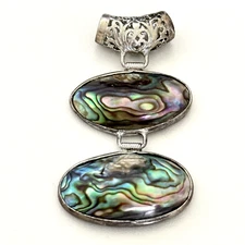 Vintage Abalone Shell Double Stone Silver Tone Filigree Scroll Slide Pendant