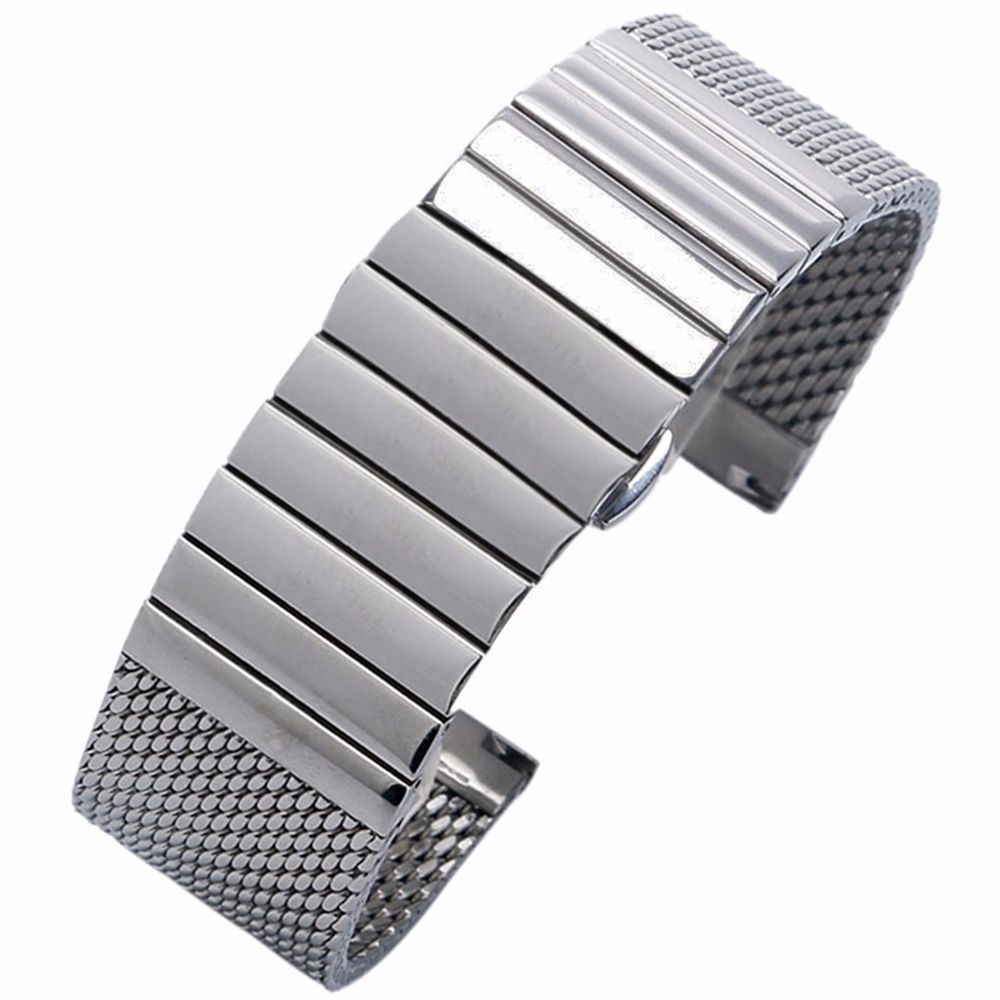 22mm Silver Milanese Mesh Web+Strip Stainless Steel Watch Band Strap Bracelet D